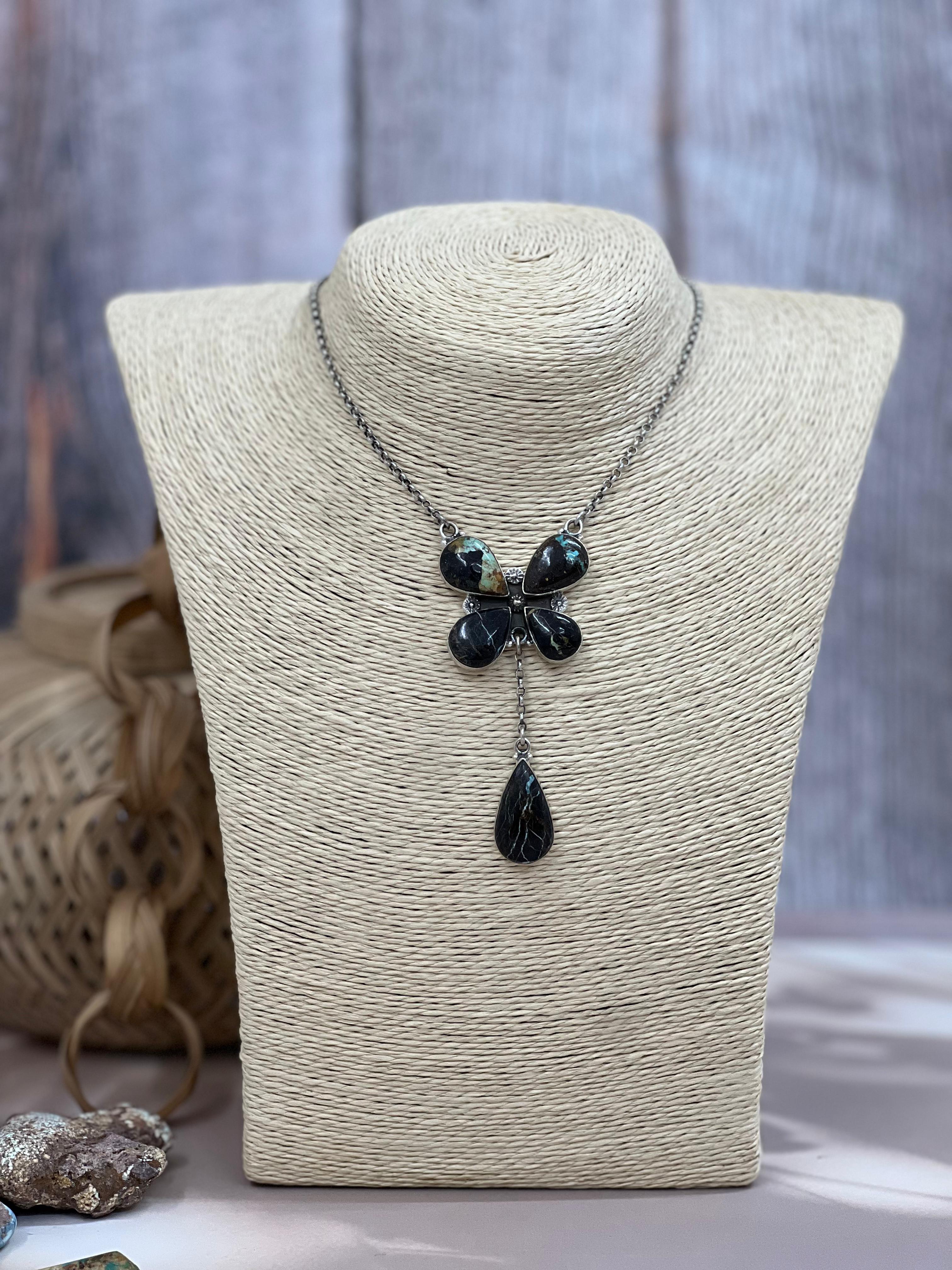 Handmade Sterling Silver Blackjack Turquoise Necklace Signed Nizhoni
