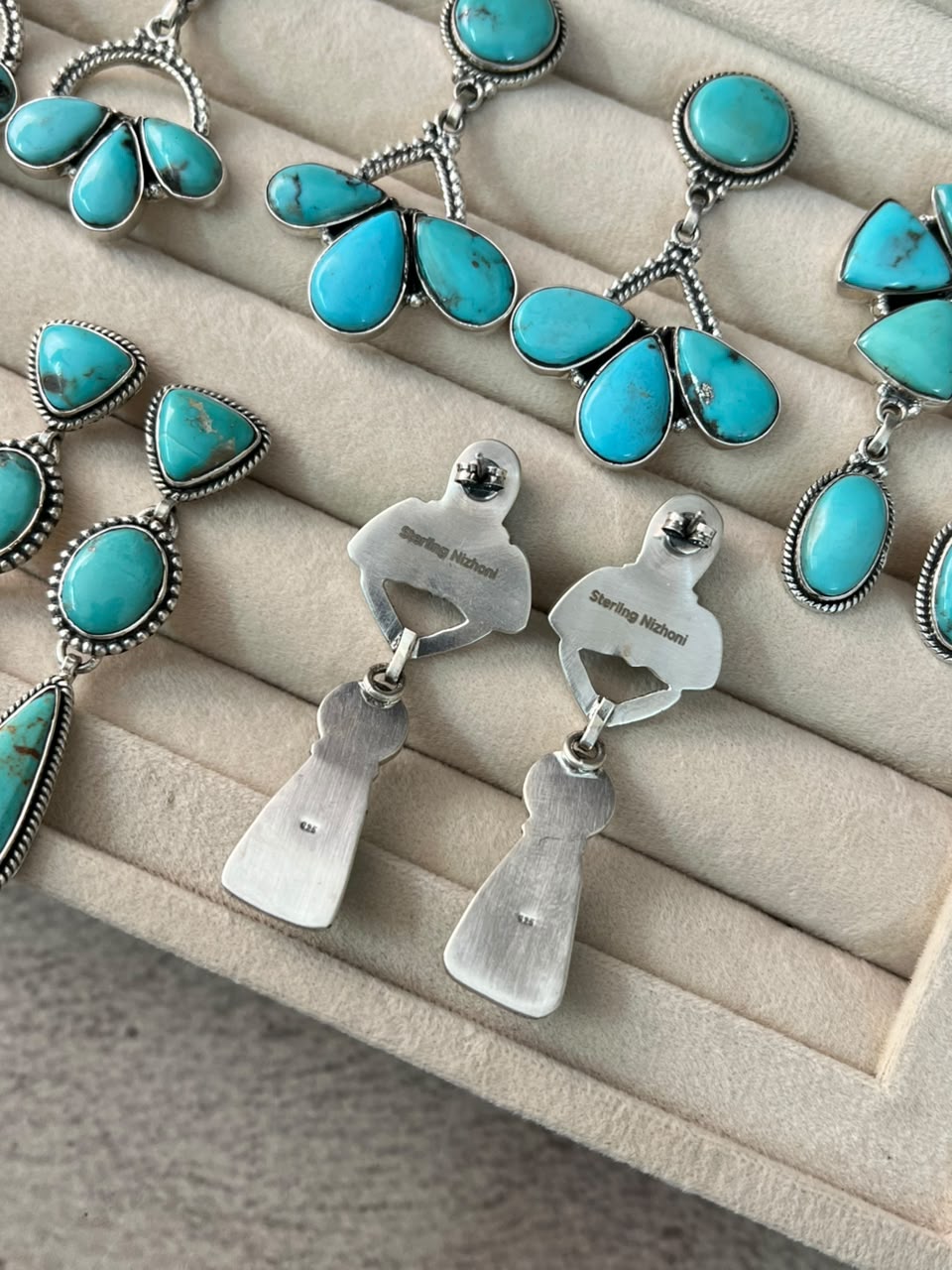 Handmade Sterling Silver Campitos Turquoise Collection: Post Dangle Earrings Signed Nizhoni
