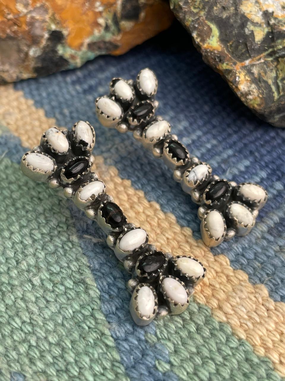 Handmade Sterling Silver White Buffalo Post Earrings "Signed Nizhoni"