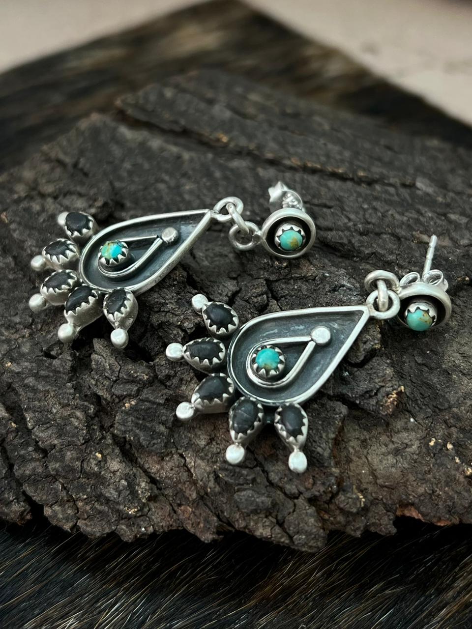 Handmade Sterling Silver Kingman Turquoise Post Dangle Earrings "Signed Nizhoni"