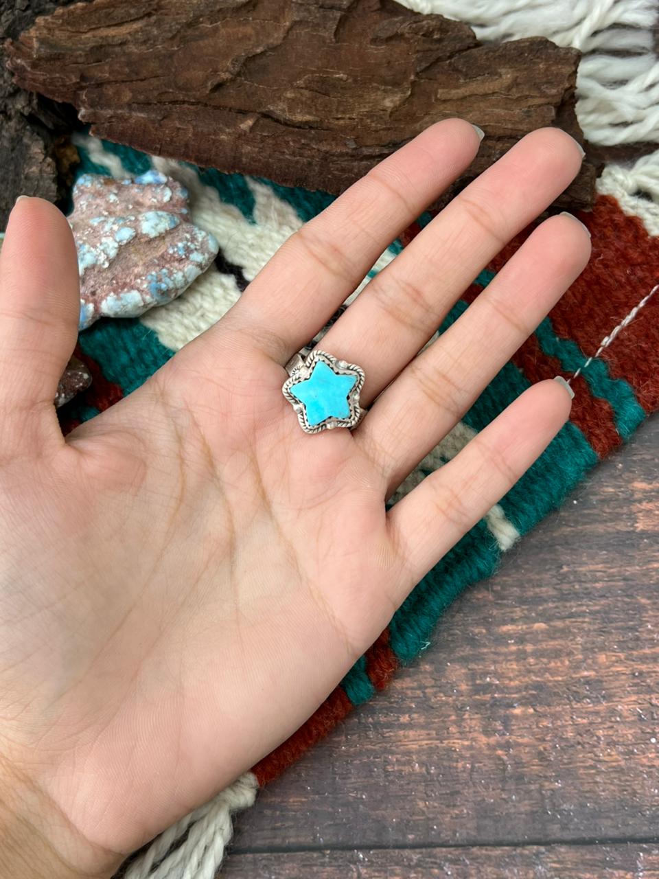 Handmade Sterling Silver Blue Turquoise Adjustable Ring " Signed Nizhoni" (5)