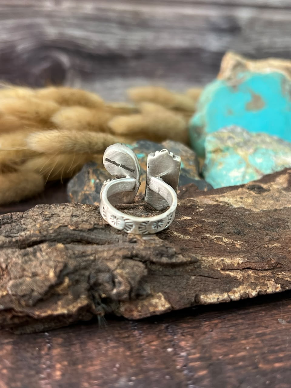 Handmade Sterling Silver Kingman Turquoise Cobble Stone Adjustable Ring Signed Nizhoni