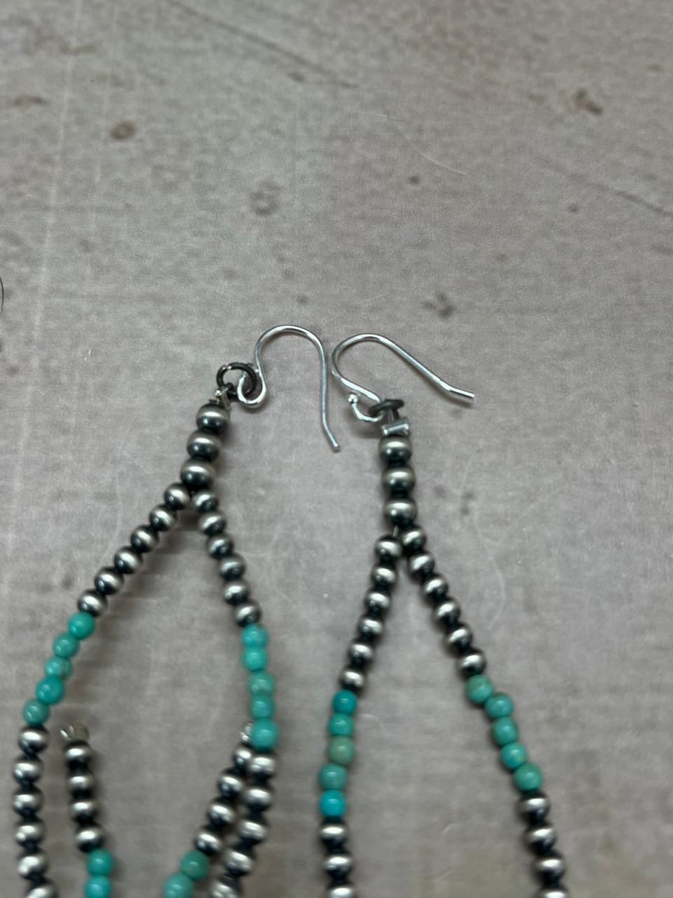 Handmade Sterling Silver Beaded Kingman Turquoise Hook Dangle Bow Earrings