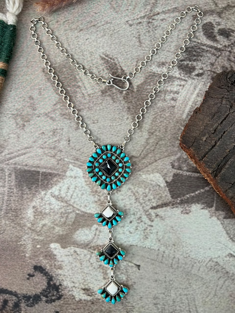 Handmade Sterling Silver Kingman Turquoise with White Buffalo Drop Necklace Signed Nizhoni
