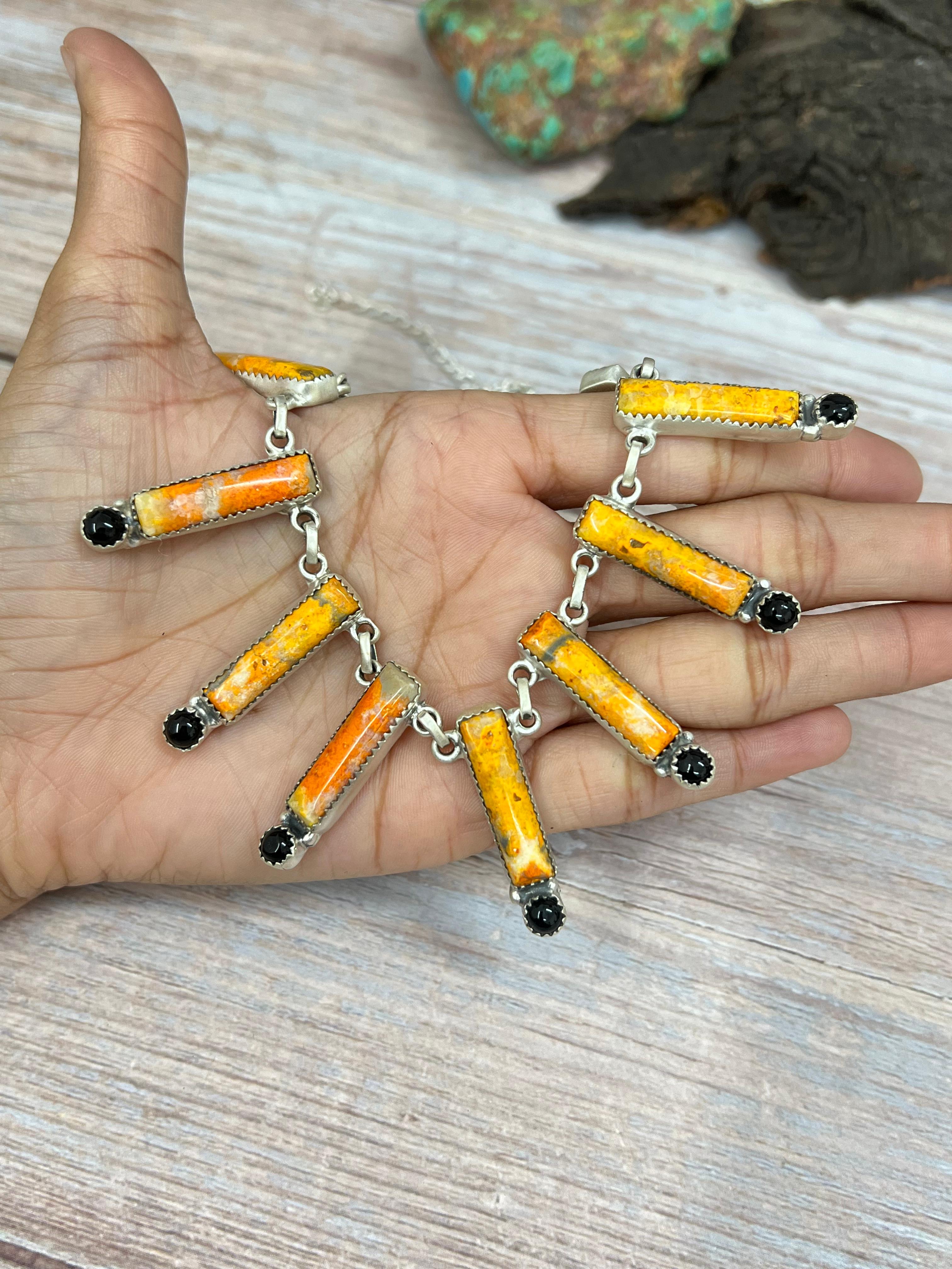 "Halloween Collection" Handmade Sterling Silver Black Onyx, Bumblebee Necklace with Signed Nizhoni