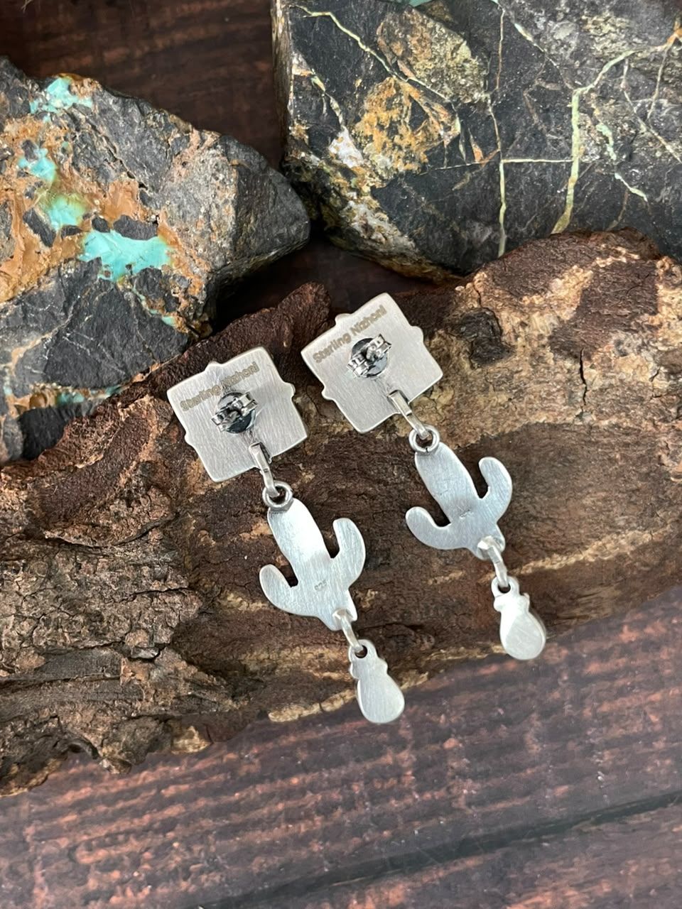 Handmade Sterling Silver Kingman Turquoise NFR Collection: Cactus Post Dangle Earrings Signed Nizhoni