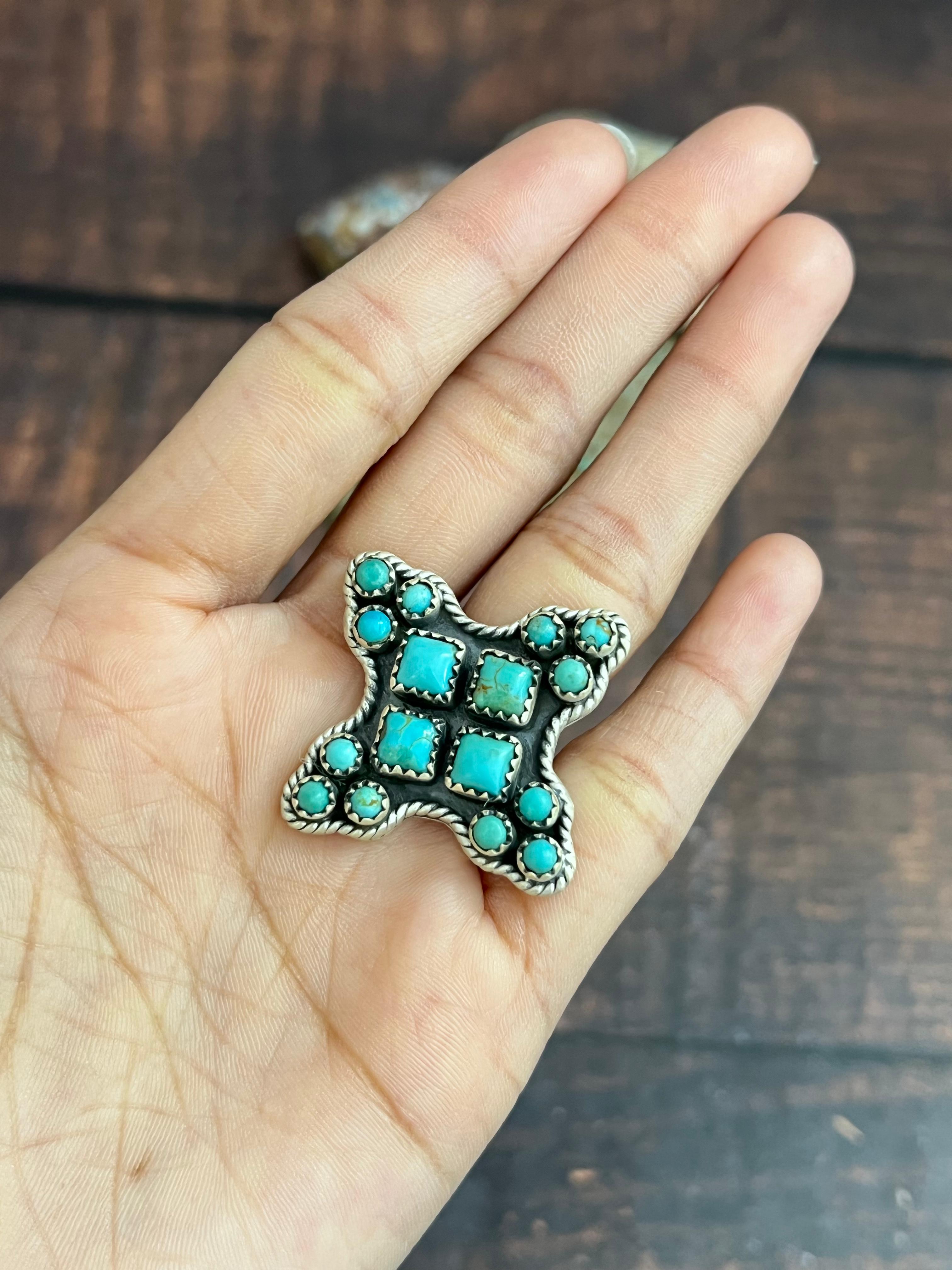 Handmade Sterling Silver Kingman Turquoise Adjustable Ring, Signed Nizhoni