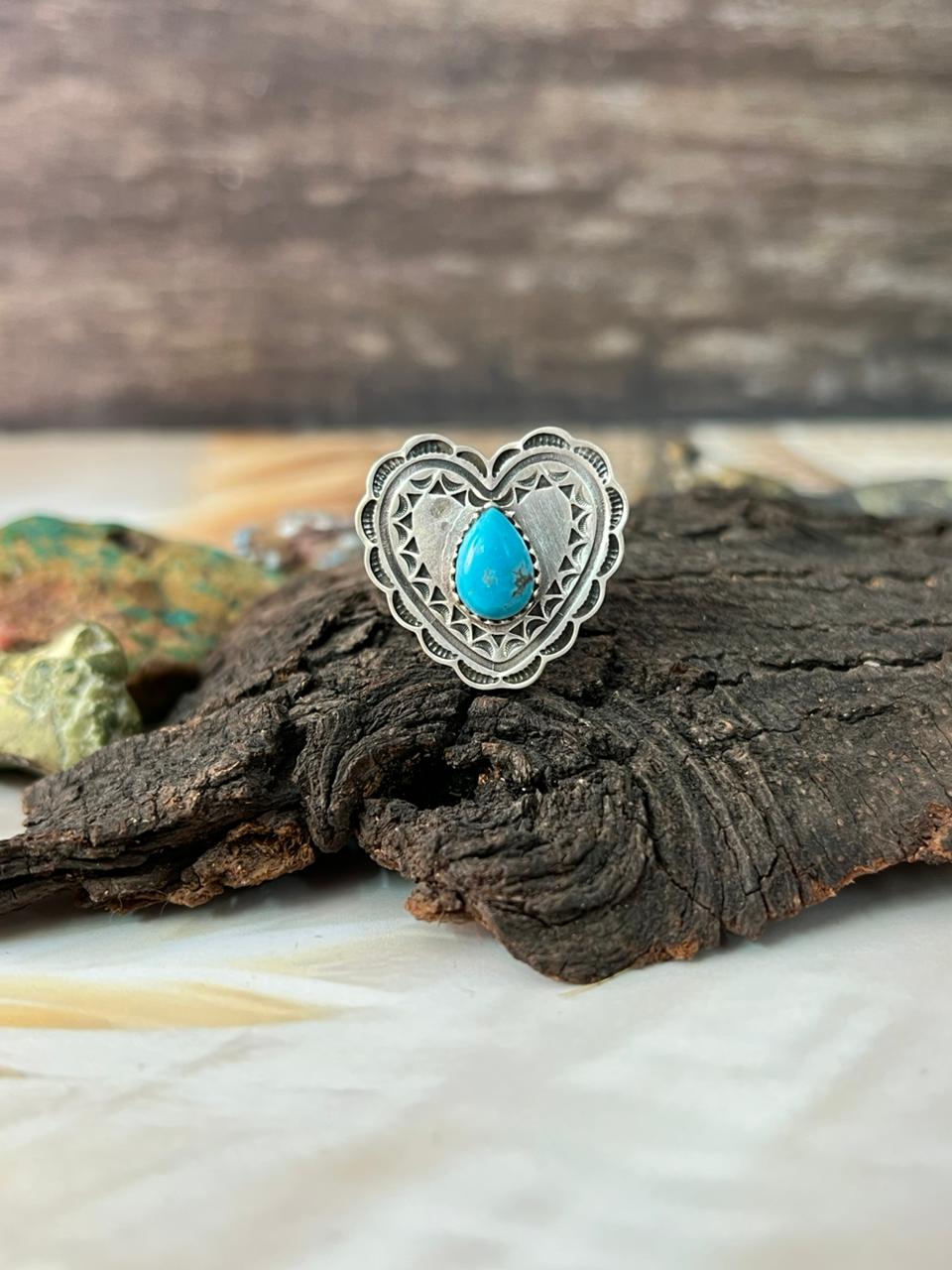 Handmade Sterling Silver Kingman Turquoise Heart Adjustable Ring "Signed Nizhoni"
