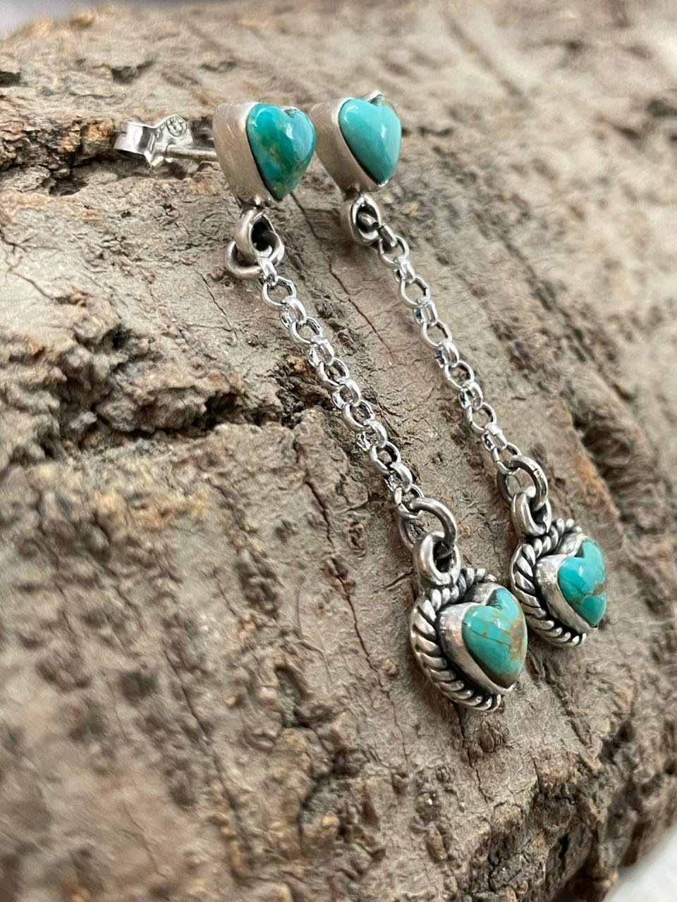 "Heart Collection" Handmade Sterling Silver Kingman Turquoise Post Dangle Earrings "Signed Nizhoni"