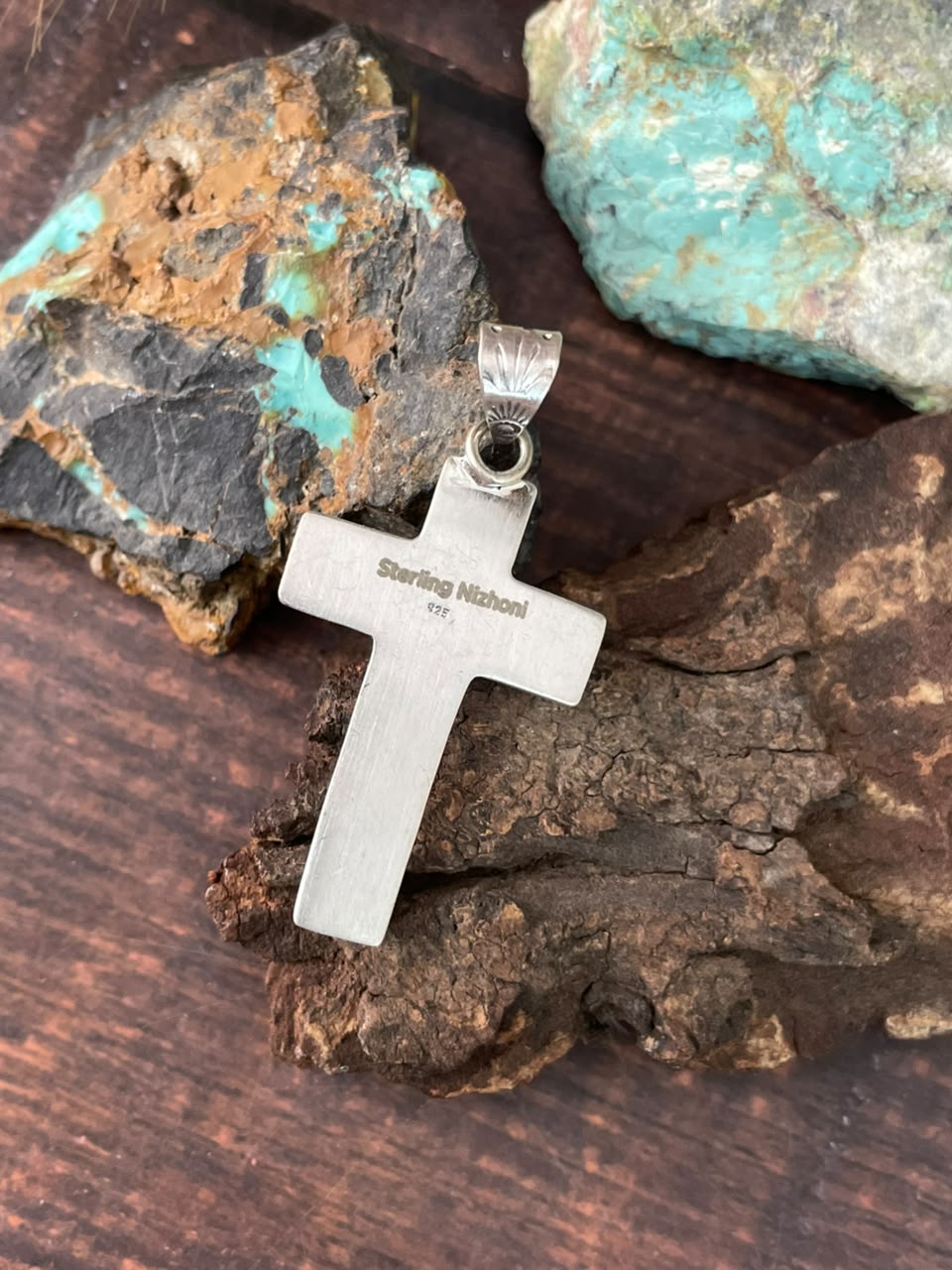 Handmade Sterling Silver Kingman Turquoise NFR Collection: Cross Pendant Signed Nizhoni