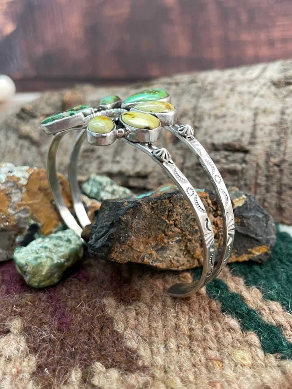 Handmade Sterling Silver Sonoran Mountain Turquoise with Palomino Turquoise Naja Cuff Bracelet "Signed Nizhoni"
