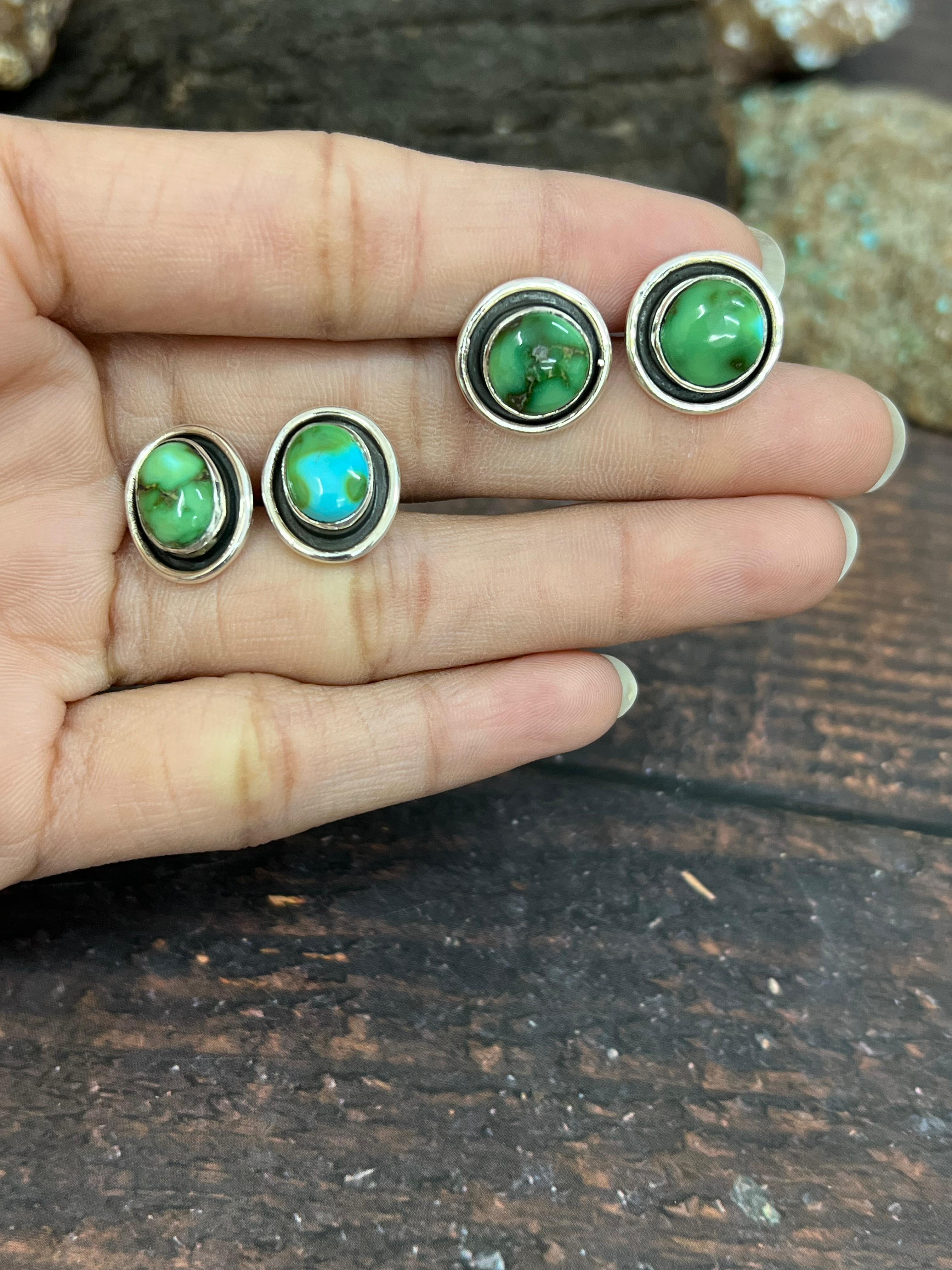 Handmade Sterling Silver Sonoran Mountain Turquoise Post Studs with Signed Nizhoni