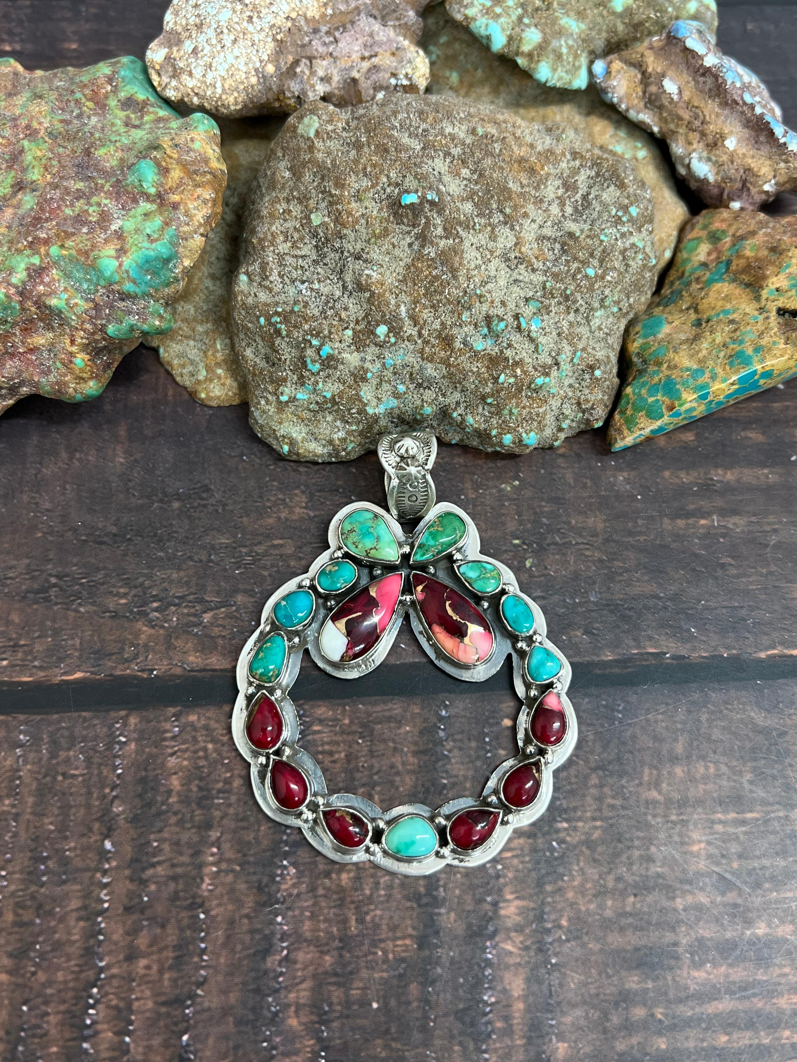 Handmade Sterling Silver Dahlia Rose with Emerald Valley Pendant, Signed Nizhoni