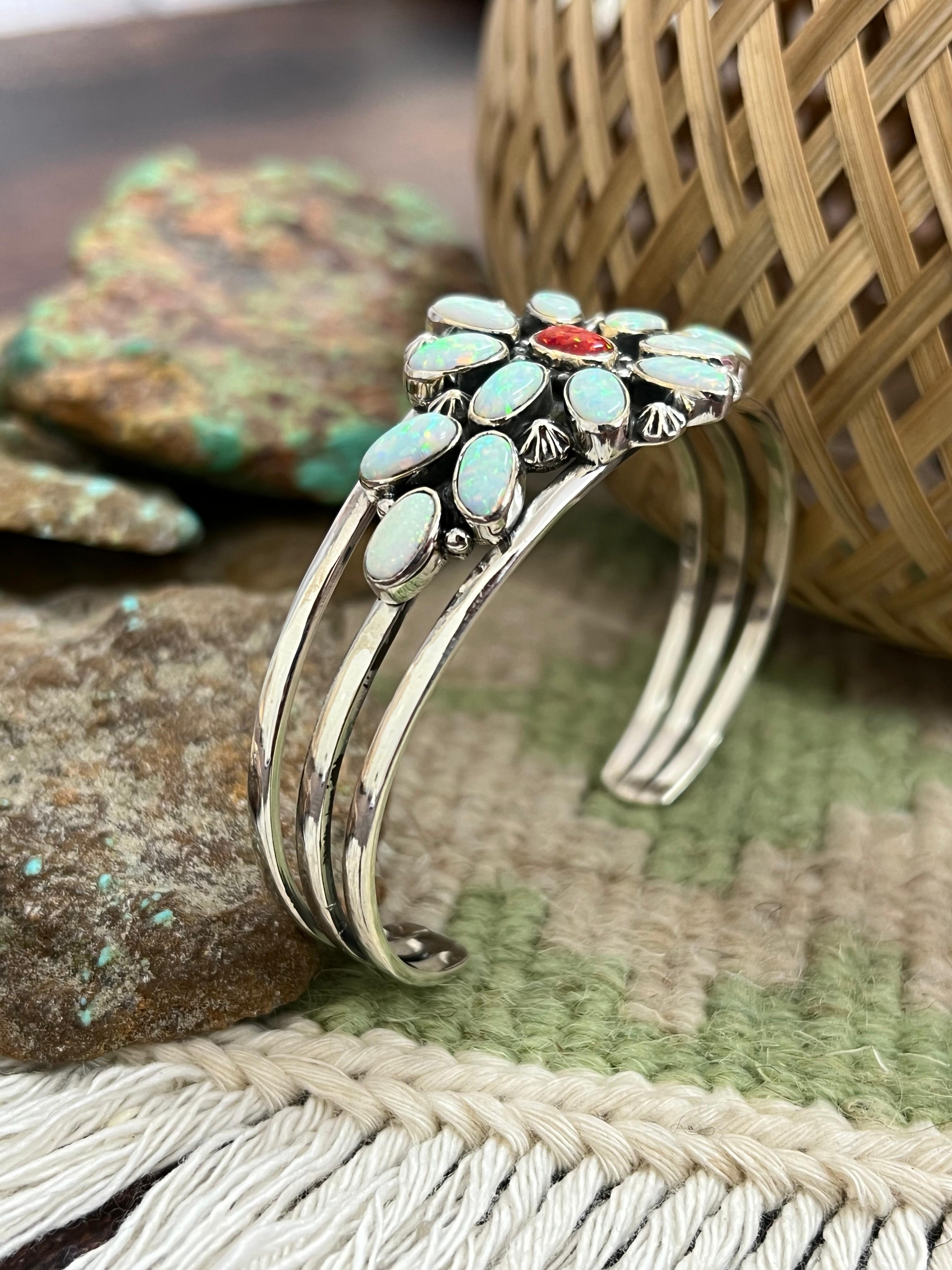 ** 4TH OF JULY ** Handmade Sterling Silver Synthetic Opal Cuff Bracelet with Signed Nizhoni