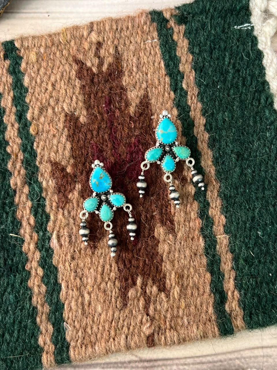 Handmade Sterling Silver Santa Maria Turquoise Post Dangle Beaded Earrings Signed Nizhoni