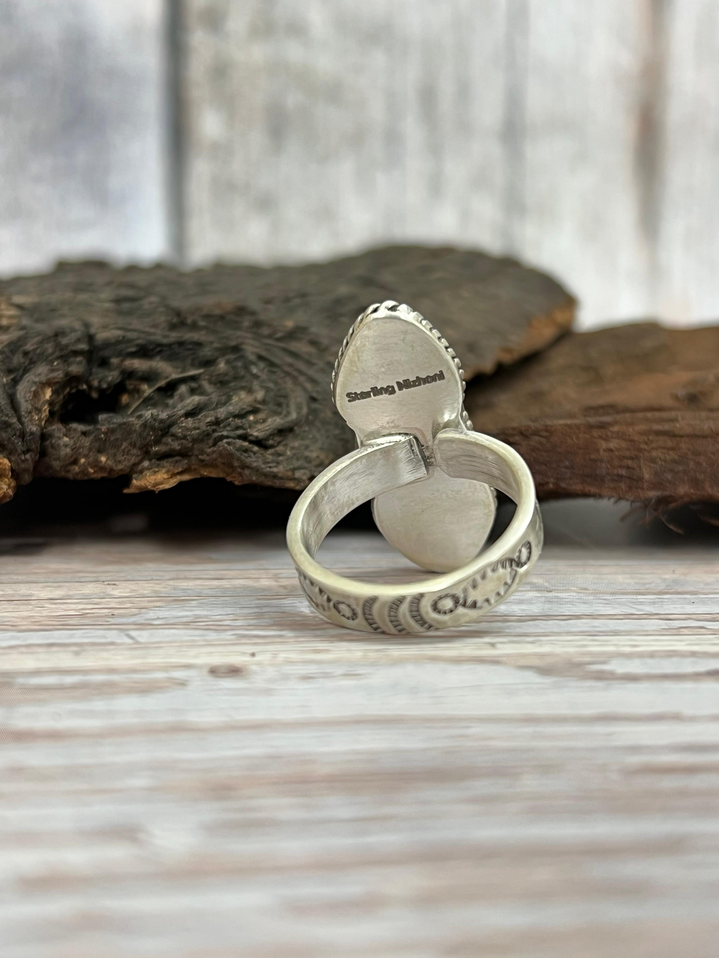 Handmade Sterling Silver Emerald Valley Adjustable Ring with Signed Nizhoni