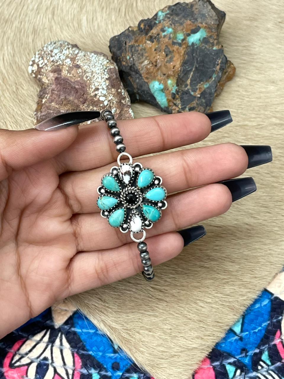 Handmade Sterling Silver Beaded Kingman with Wildhorse, Black Onyx Chain Bracelet "Signed Nizhoni"