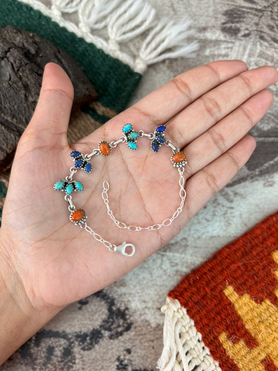 Handmade Sterling Silver Kingman Turquoise with Orange Mojave and Lapis Chain Bracelet Signed Nizhoni