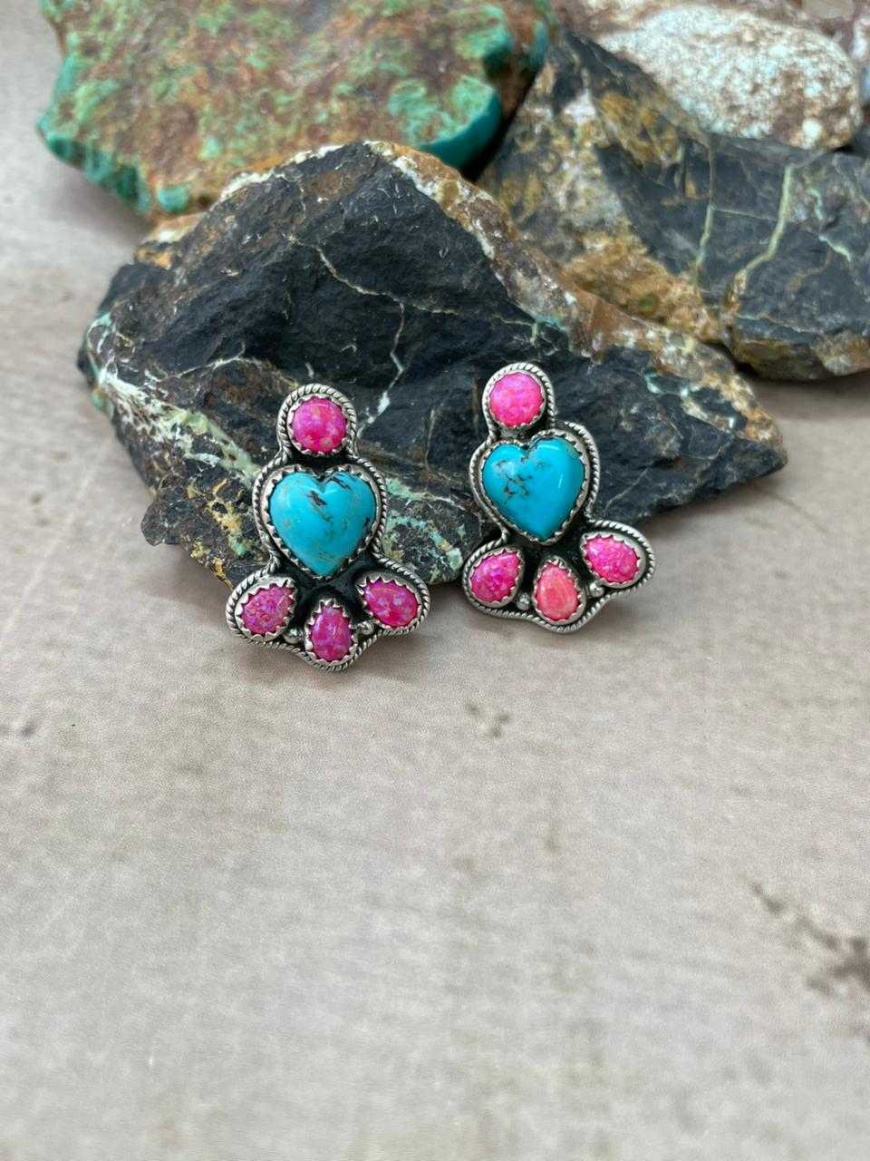 Handmade Sterling Silver Arizona Blue Turquoise with Hot Pink Post Studs Earrings "Signed Nizhoni"