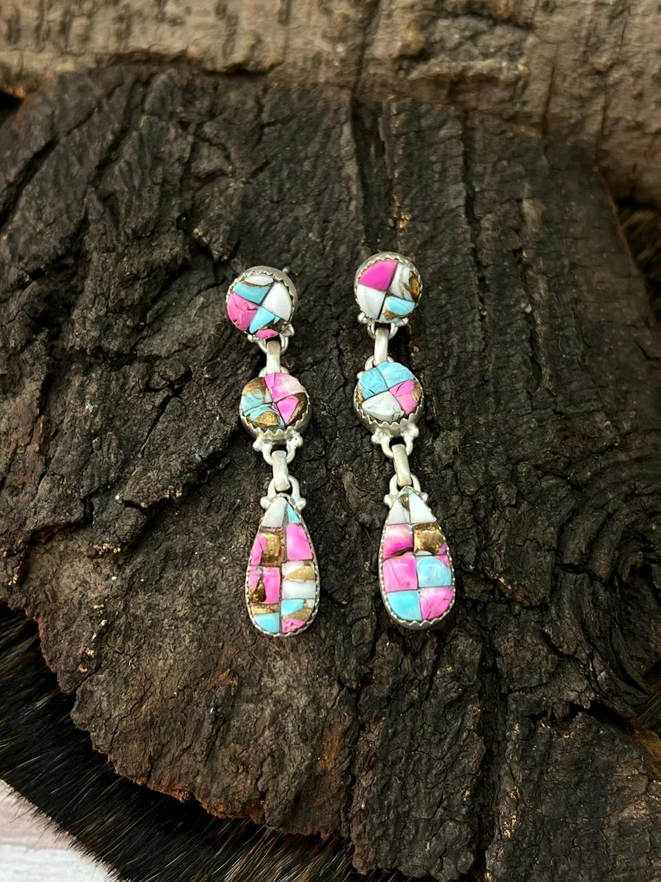 Handmade Sterling Silver Cotton Candy Post Dangle Earrings "Signed Nizhoni"