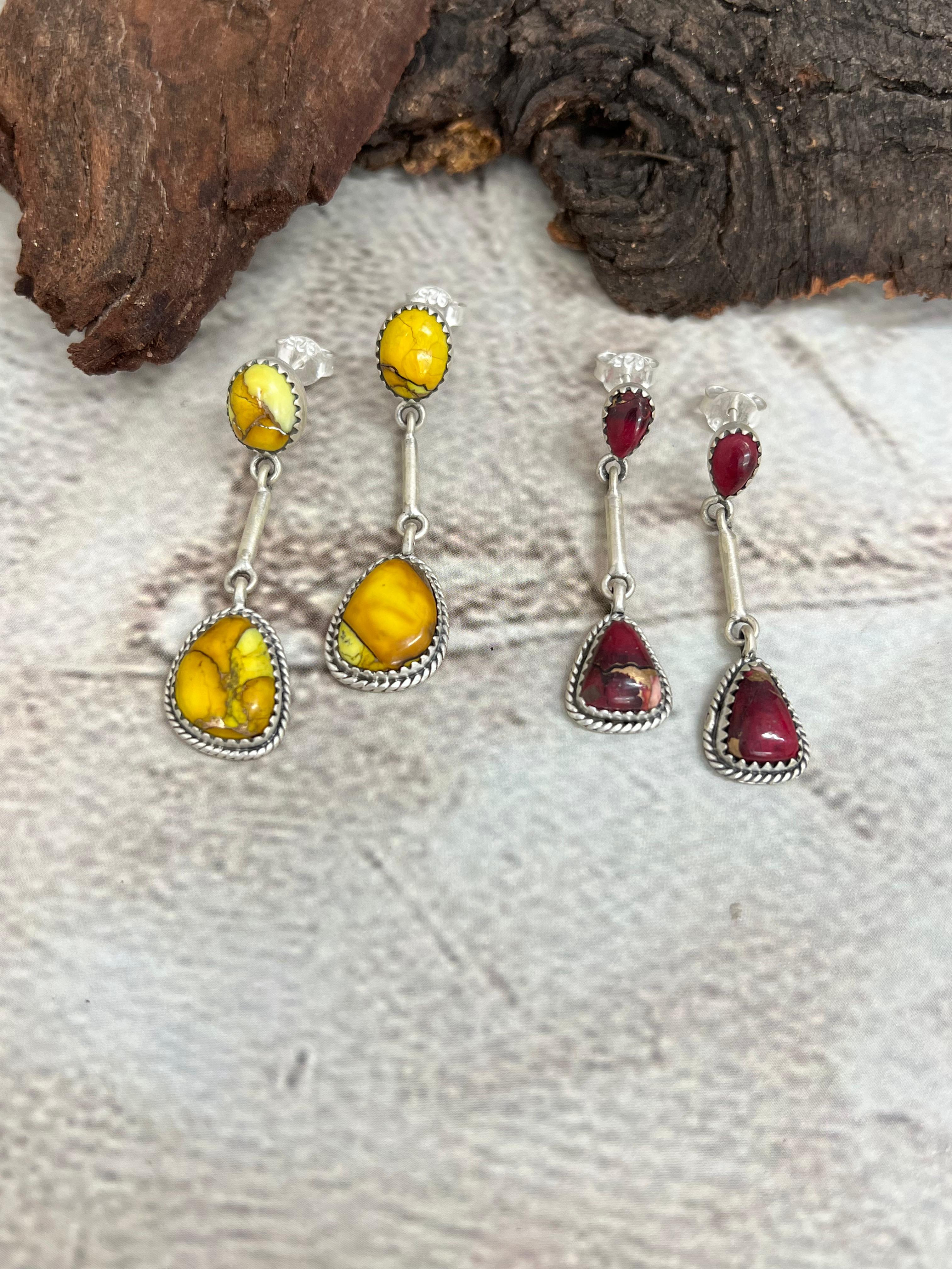 Handmade Sterling Silver Honey Dahlia, Red Rose Dangle Earrings with Signed Nizhoni