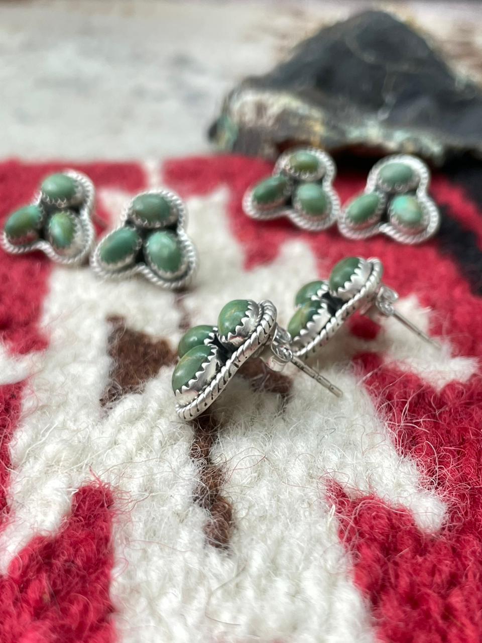 Handmade Sterling Silver Kingman Turquoise Post Studs Earrings "Signed Nizhoni"