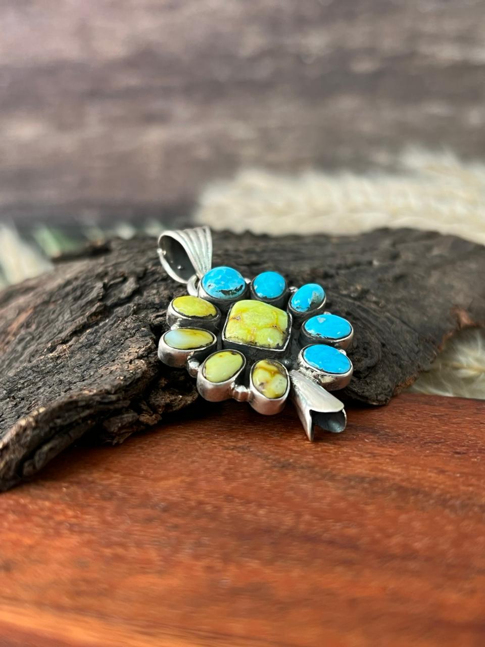 Handmade Sterling Silver Palomino with White Water Turquoise Collection: Pendant "Signed Nizhoni"
