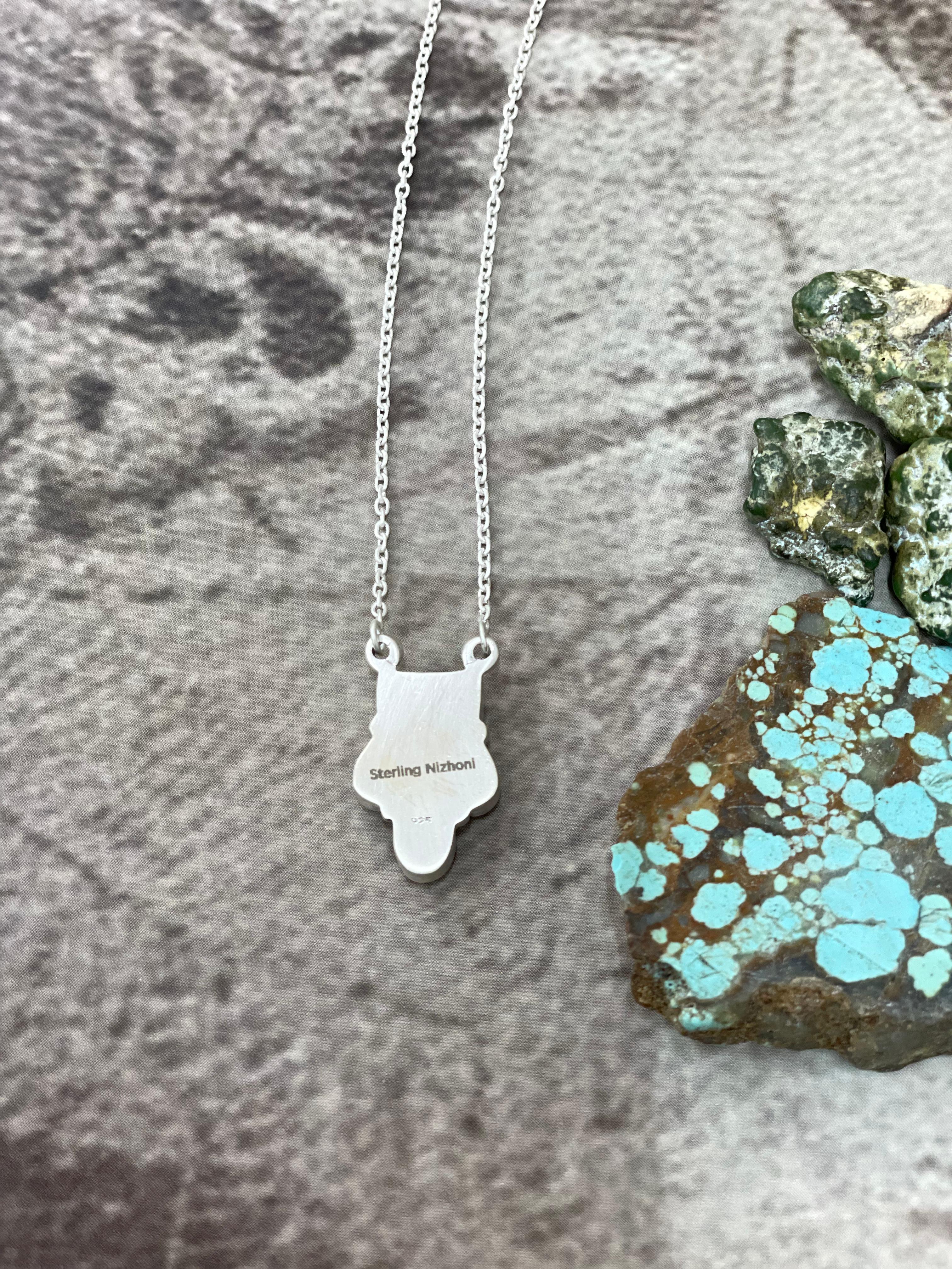 Handmade Sterling Silver Kingman Turquoise Necklace with Signed Nizhoni