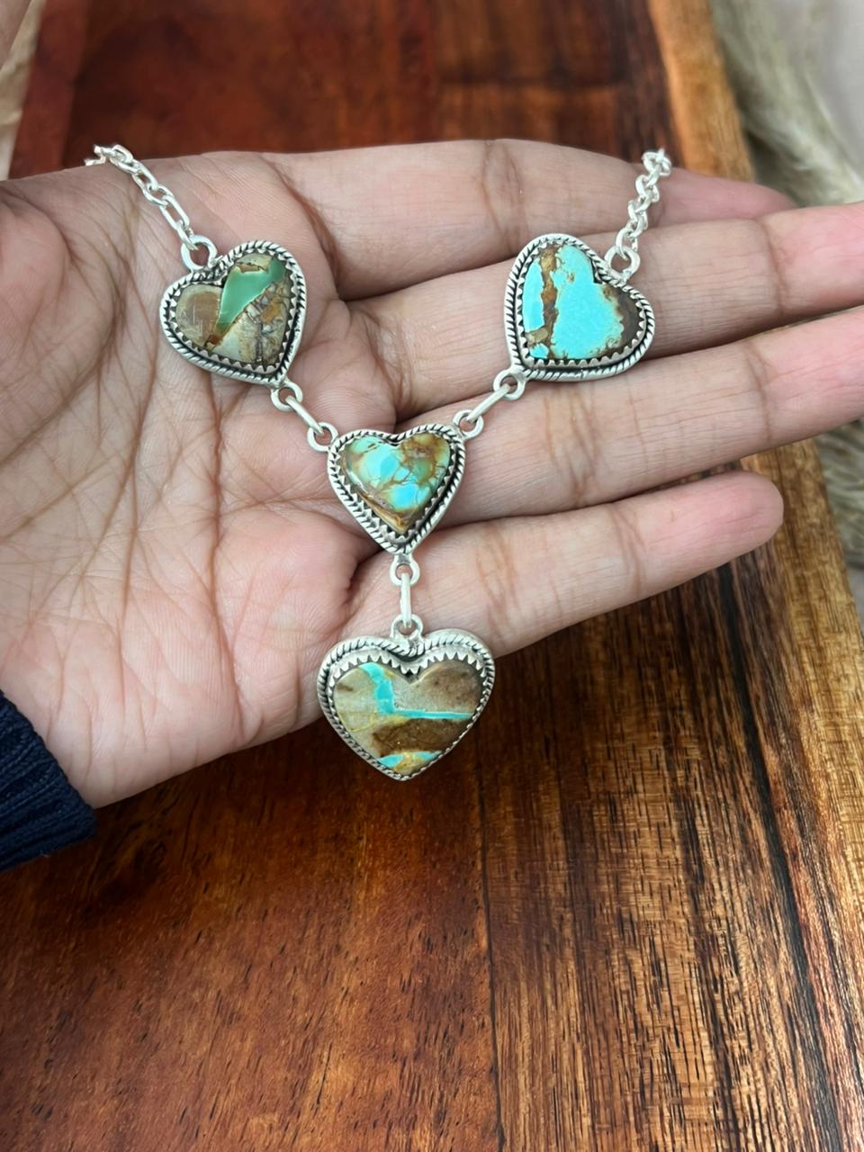 Handmade Sterling Silver Royston Ribbon Turquoise Heart Necklace "Signed Nizhoni"