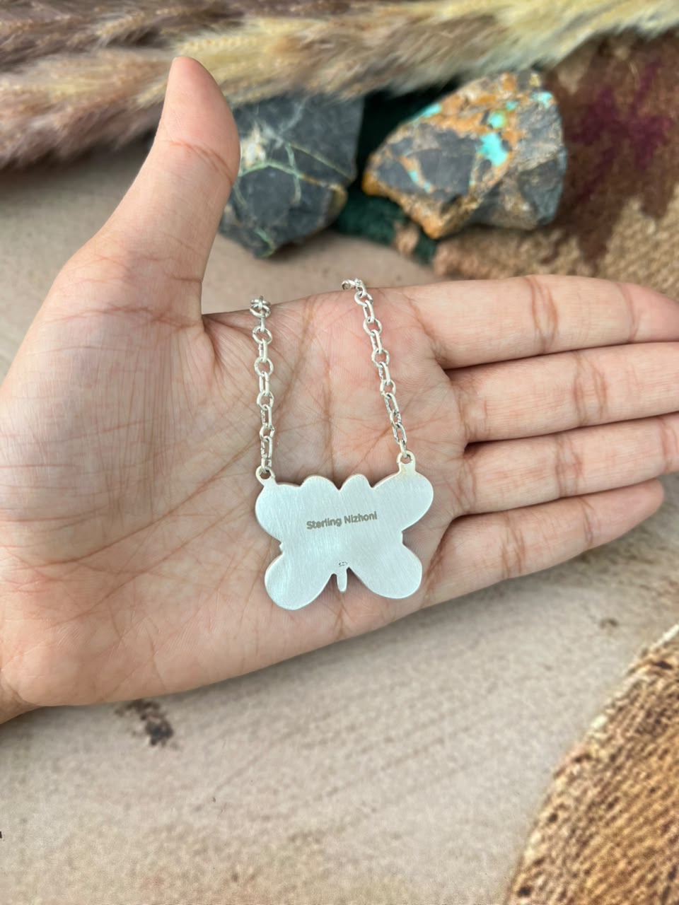 Handmade Sterling Silver Hardy Pit Collection: Butterfly Necklace Signed Nizhoni
