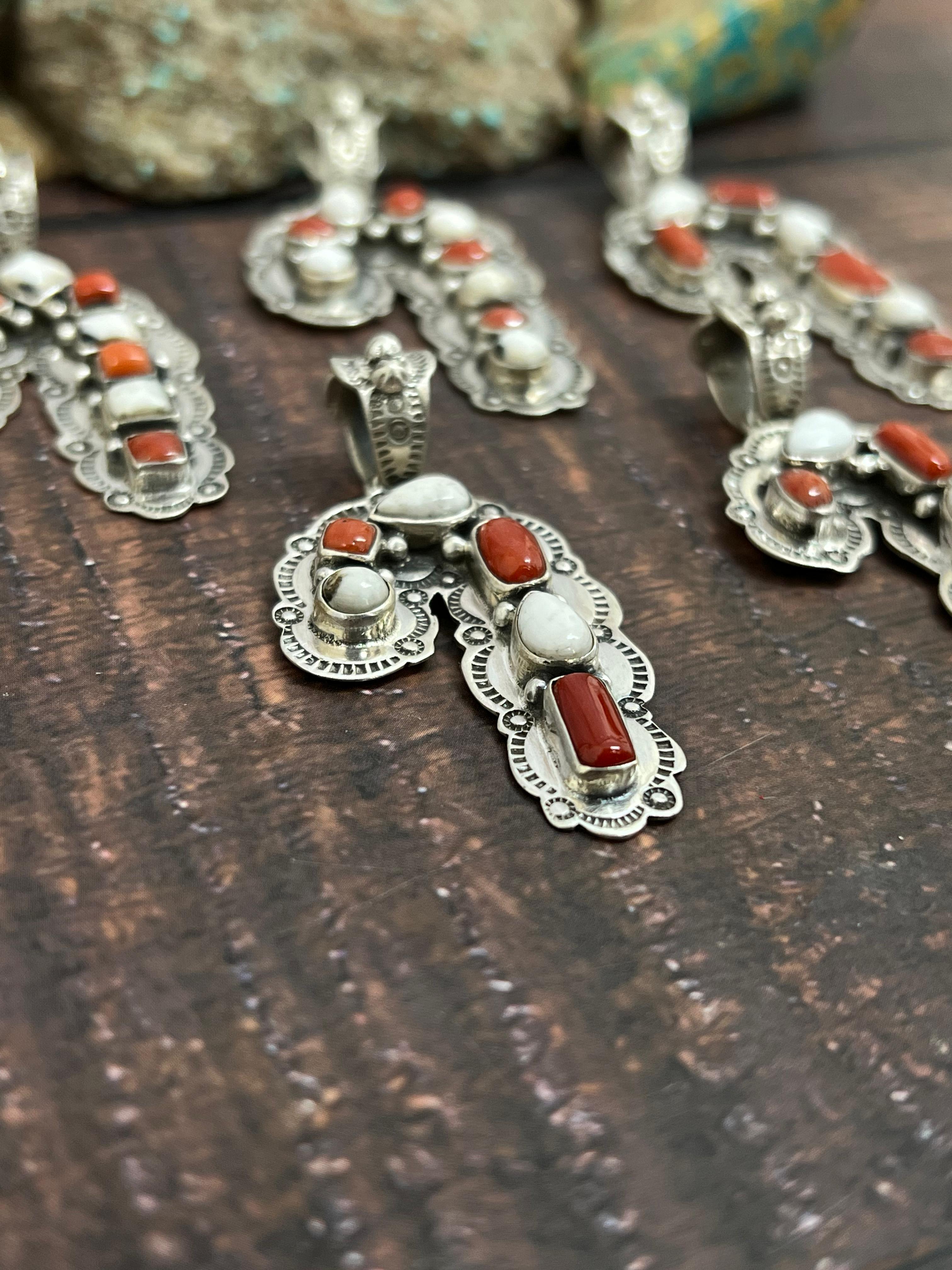 Handmade Sterling Silver Coral with White Buffalo Turquoise Pendant, Signed Nizhoni