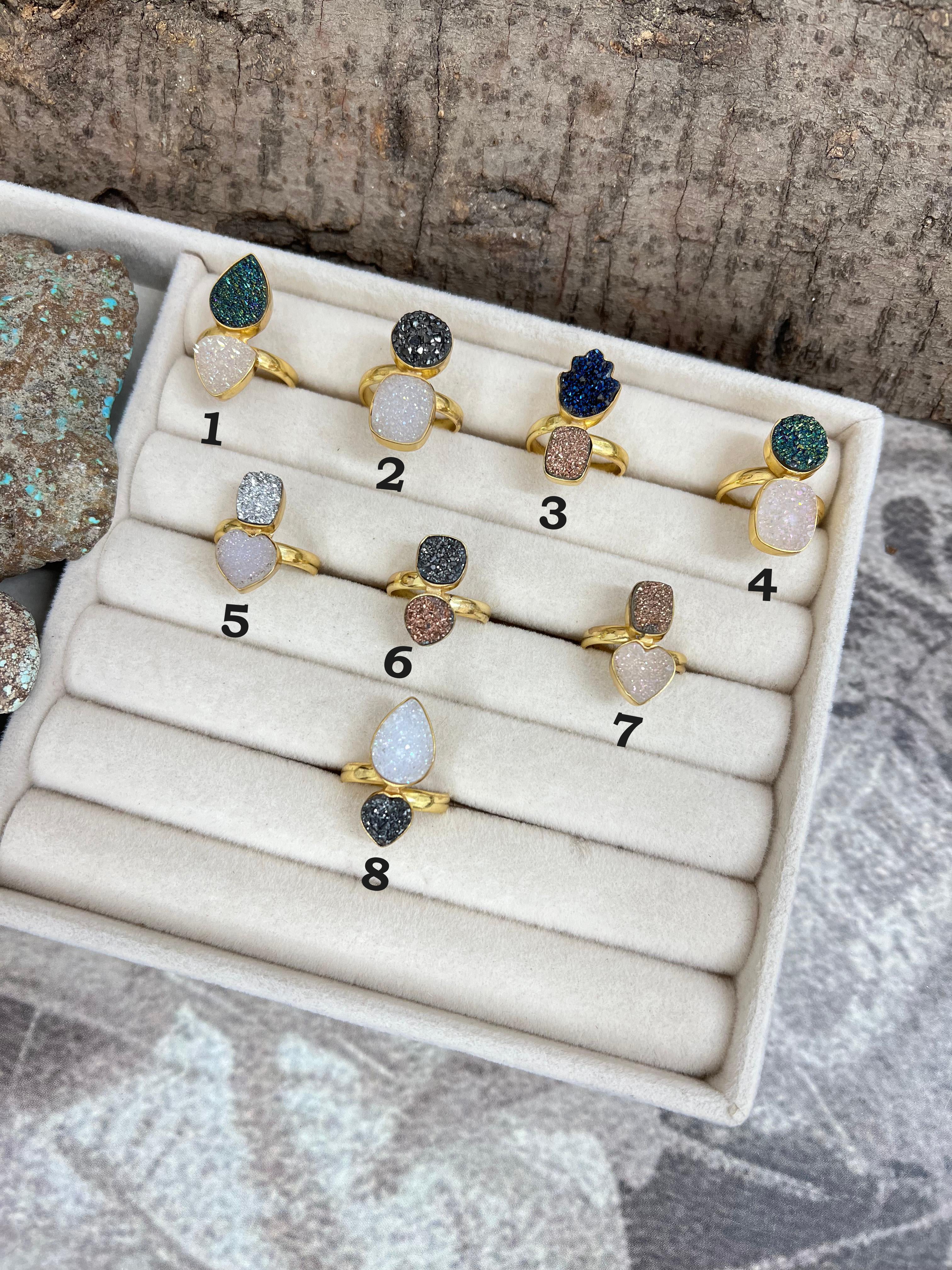 “The Boho Collection” Natural 2 Stone Druzy Adjustable Ring