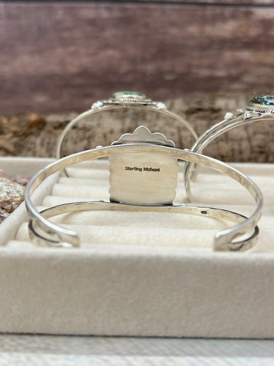 Handmade Sterling Silver Lander Turquoise Cuff Bracelet with Signed Nizhoni