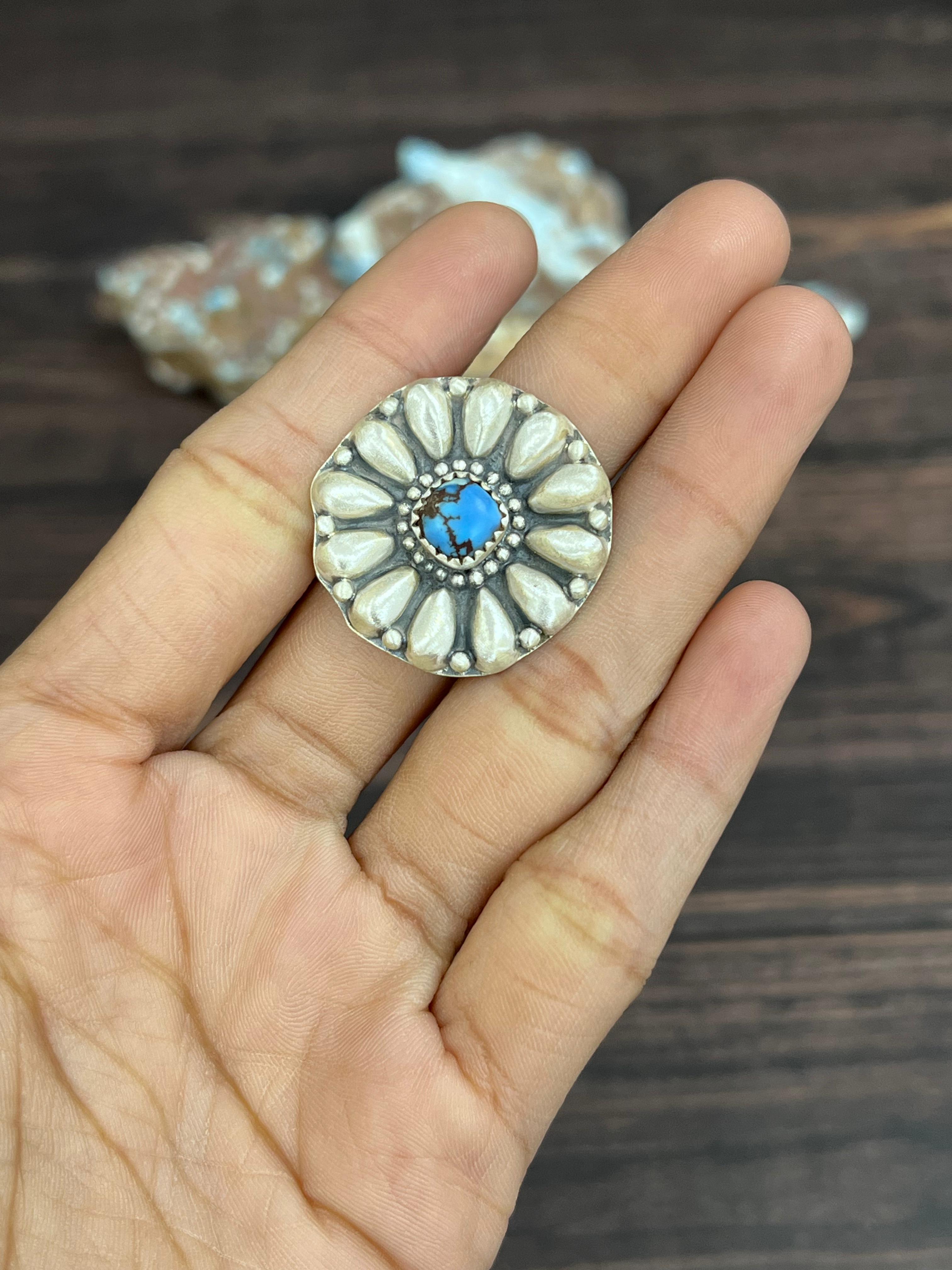 Handmade Sterling Silver with Golden Hills Turquoise Adjustable Ring With Signed Nizhoni