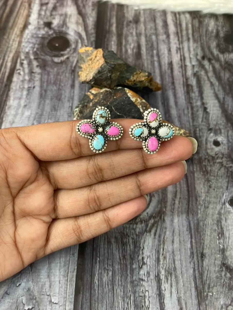 Handmade Sterling Silver Cotton Candy Post Studs Earrings "Signed Nizhoni"