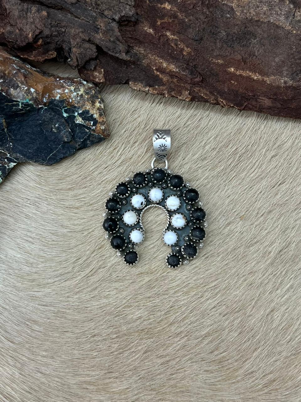 Handmade Sterling Silver White Buffalo Naja Pendant "Signed Nizhoni"