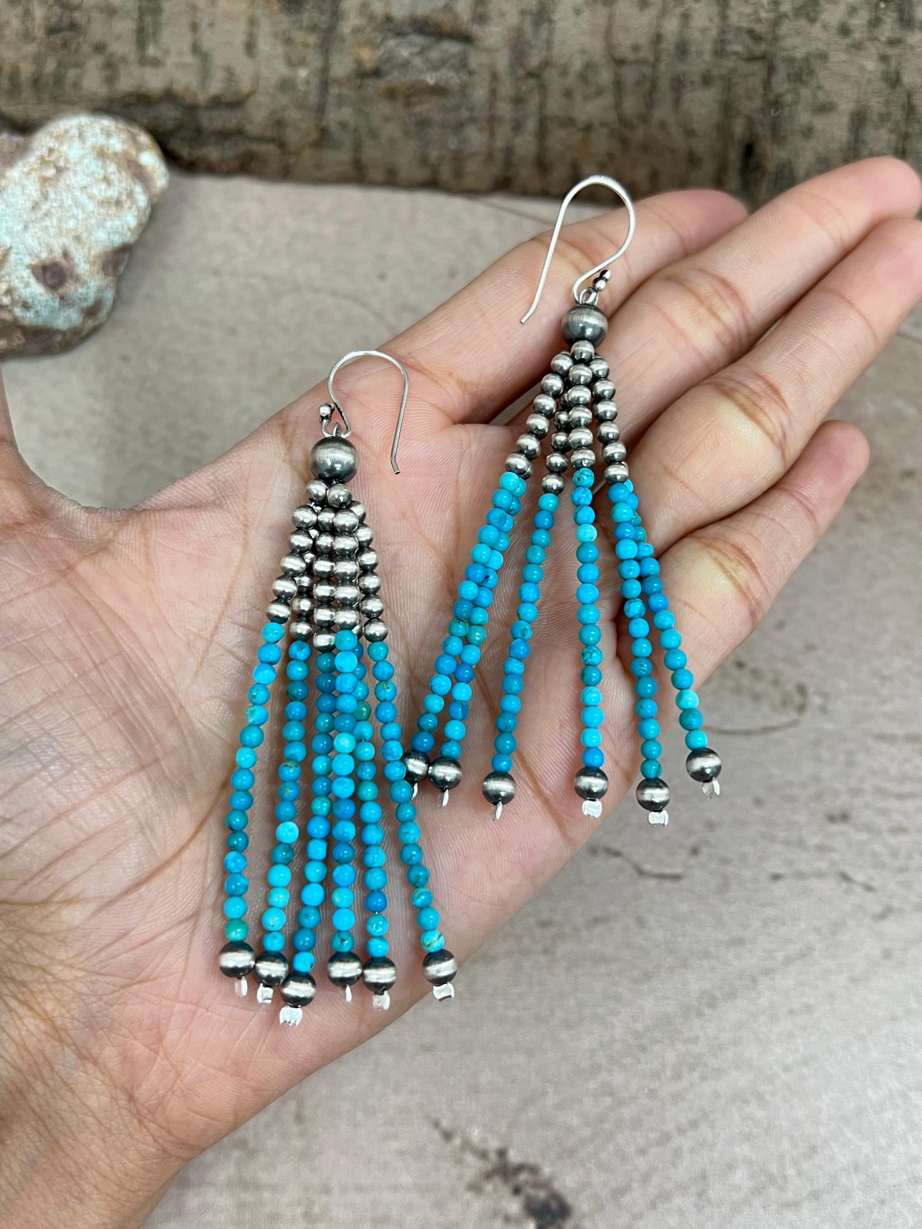 Handmade Sterling Silver Kingman Turquoise Beaded Hook Earrings with Signed Nizhoni