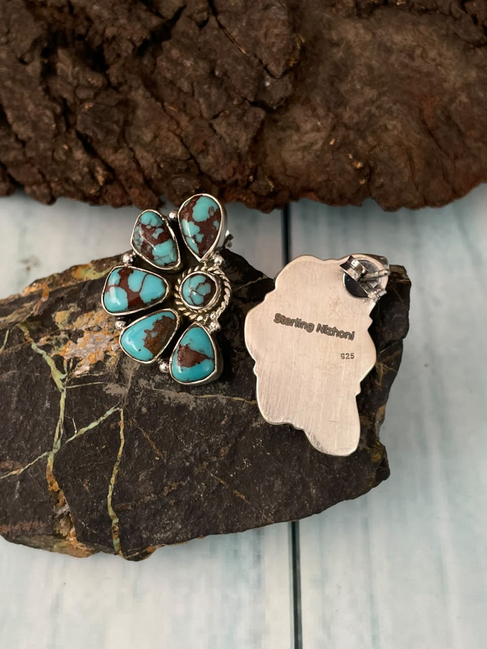 Handmade Sterling Silver Egyptian Turquoise Collection: Post Studs Earrings Signed Nizhoni