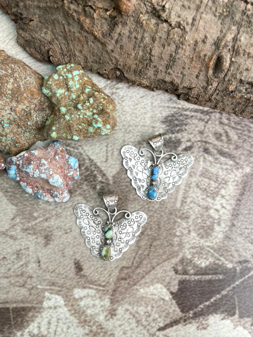 Handmade Sterling Silver Palomino Turquoise, Golden Hills Turquoise Butterfly Pendant with Signed Nizhoni