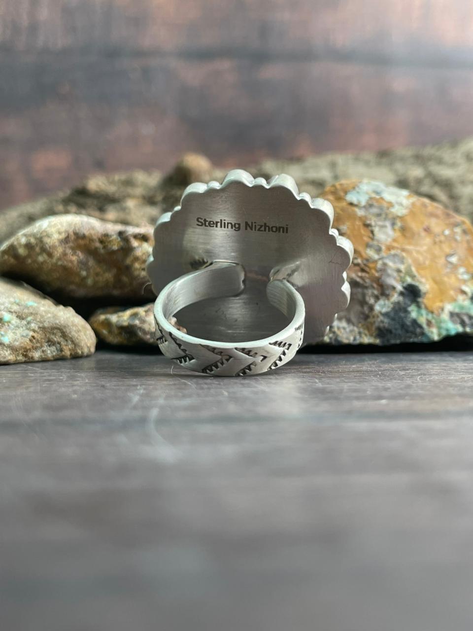 Handmade Sterling Silver Arizona Turquoise with Hot Pink Adjustable Ring "Signed Nizhoni"