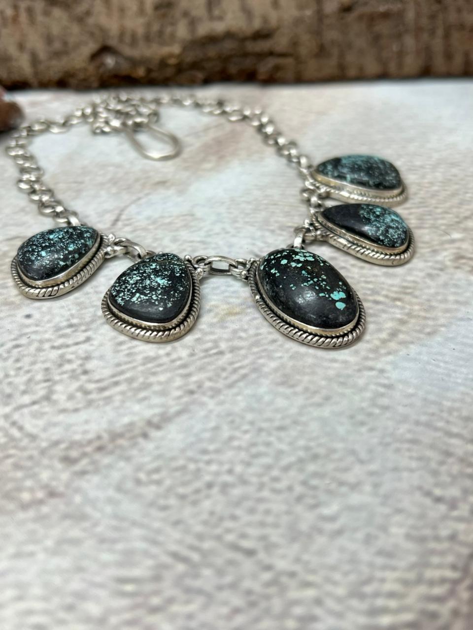 Handmade Sterling Silver Lander Turquoise Necklace with Signed Nizhoni