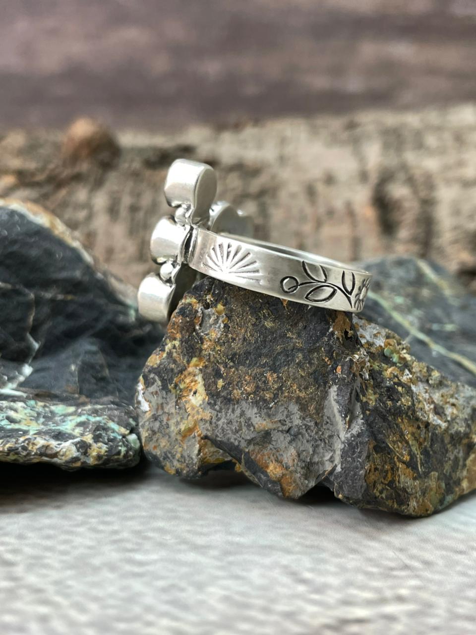 Handmade Sterling Silver Sonoran with Cut Stones Adjustable Ring "Signed Nizhoni"