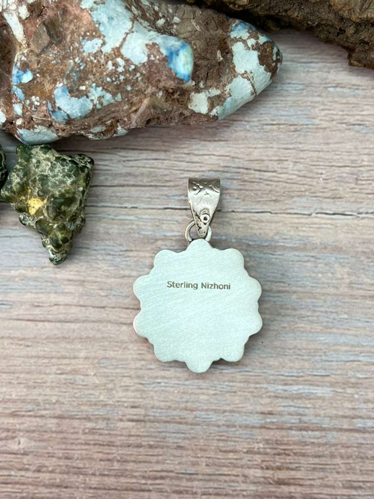 Handmade Sterling Silver White Buffalo Turquoise Pendant with Signed Nizhoni