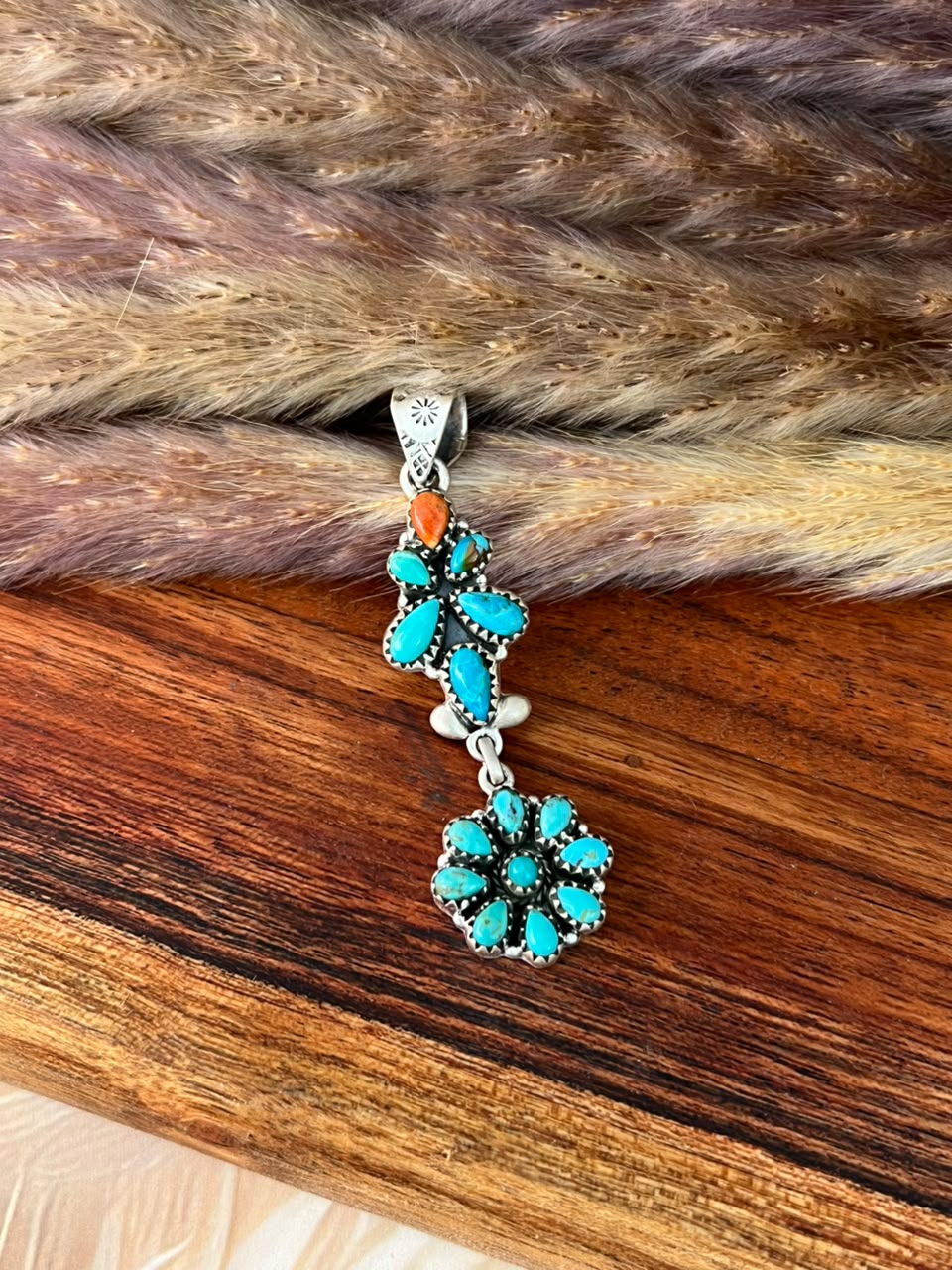 Handmade Sterling Silver Kingman Turquoise with Orange Mojave Pendant Signed Nizhoni