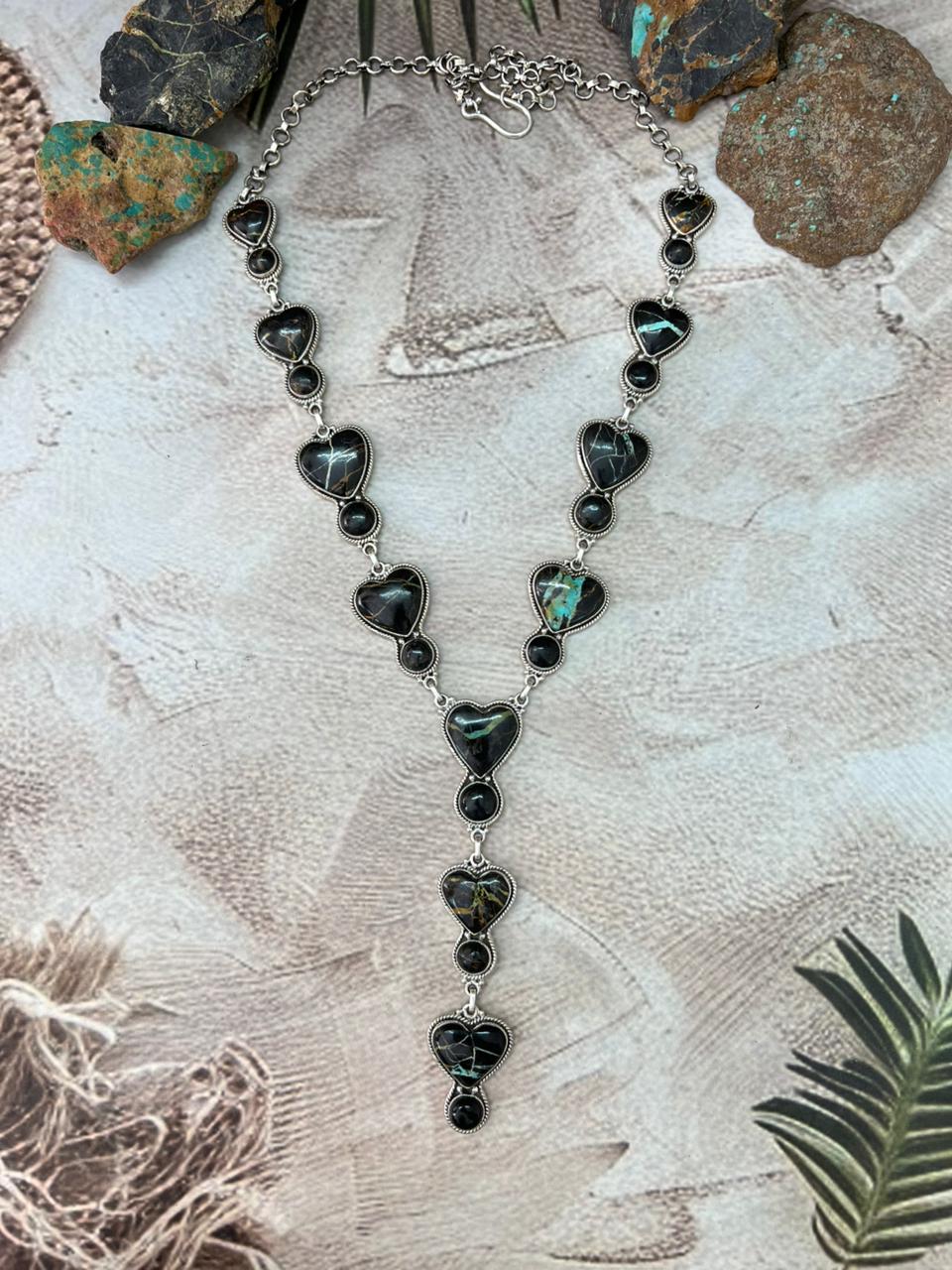 Handmade Sterling Silver Blackjack Turquoise Heart Necklace "Signed Nizhoni"
