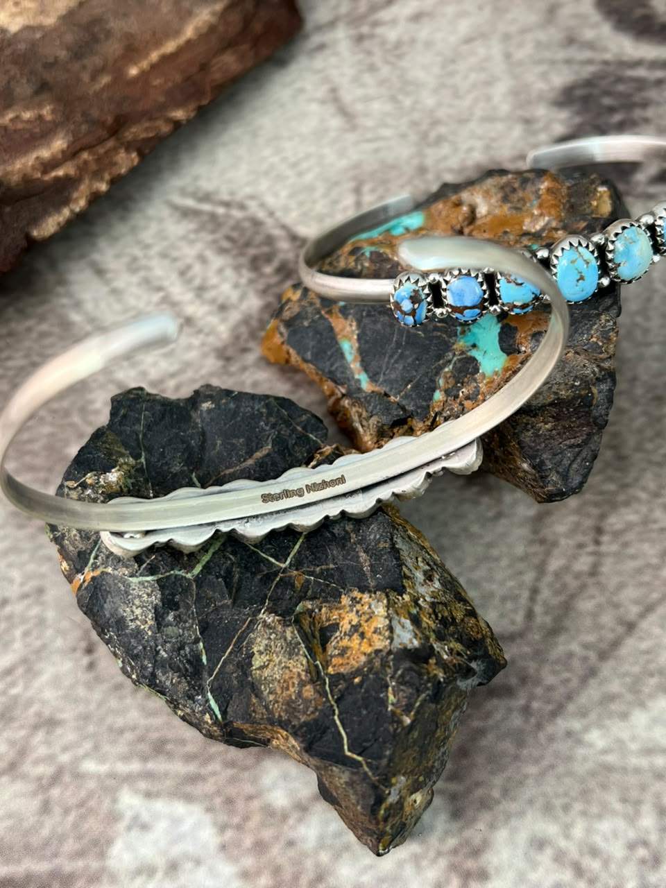 Handmade Sterling Silver Palomino and Golden Hills Turquoise Cuff Bracelet Signed Nizhoni