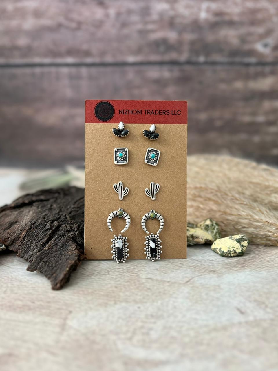 Handmade Sterling Silver Kingman Turquoise with White Buffalo Post Studs Earrings Card