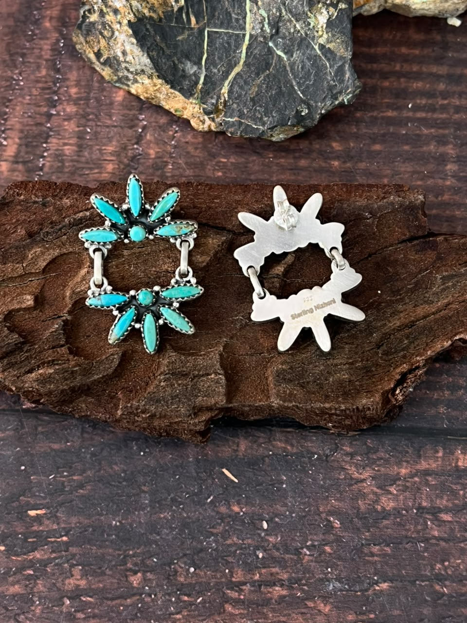 Handmade Sterling Silver Kingman Turquoise Post Dangle Earrings Signed Nizhoni