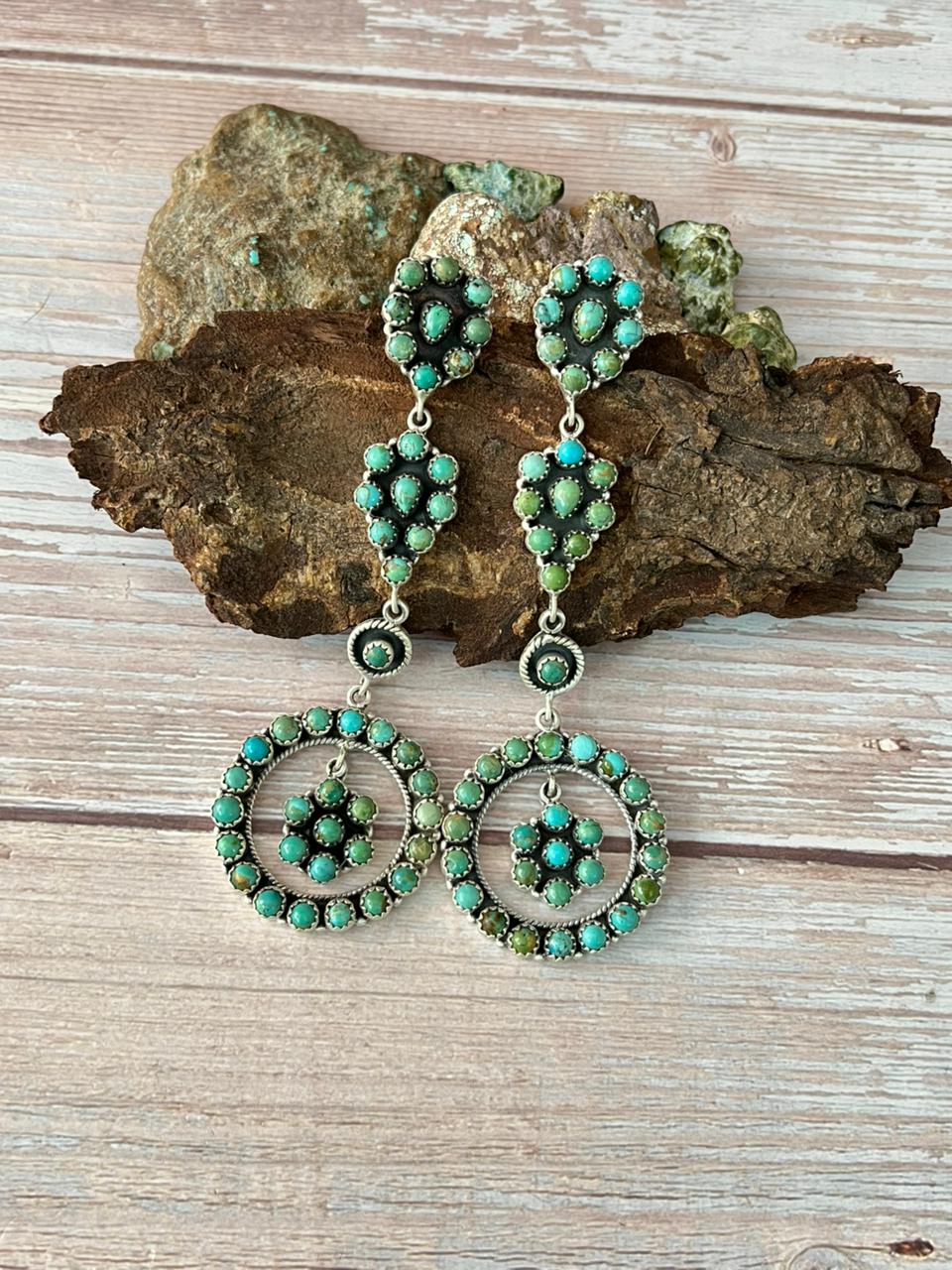 Handmade Sterling Silver Kingman Turquoise Post Dangle Earrings with Signed Nizhoni