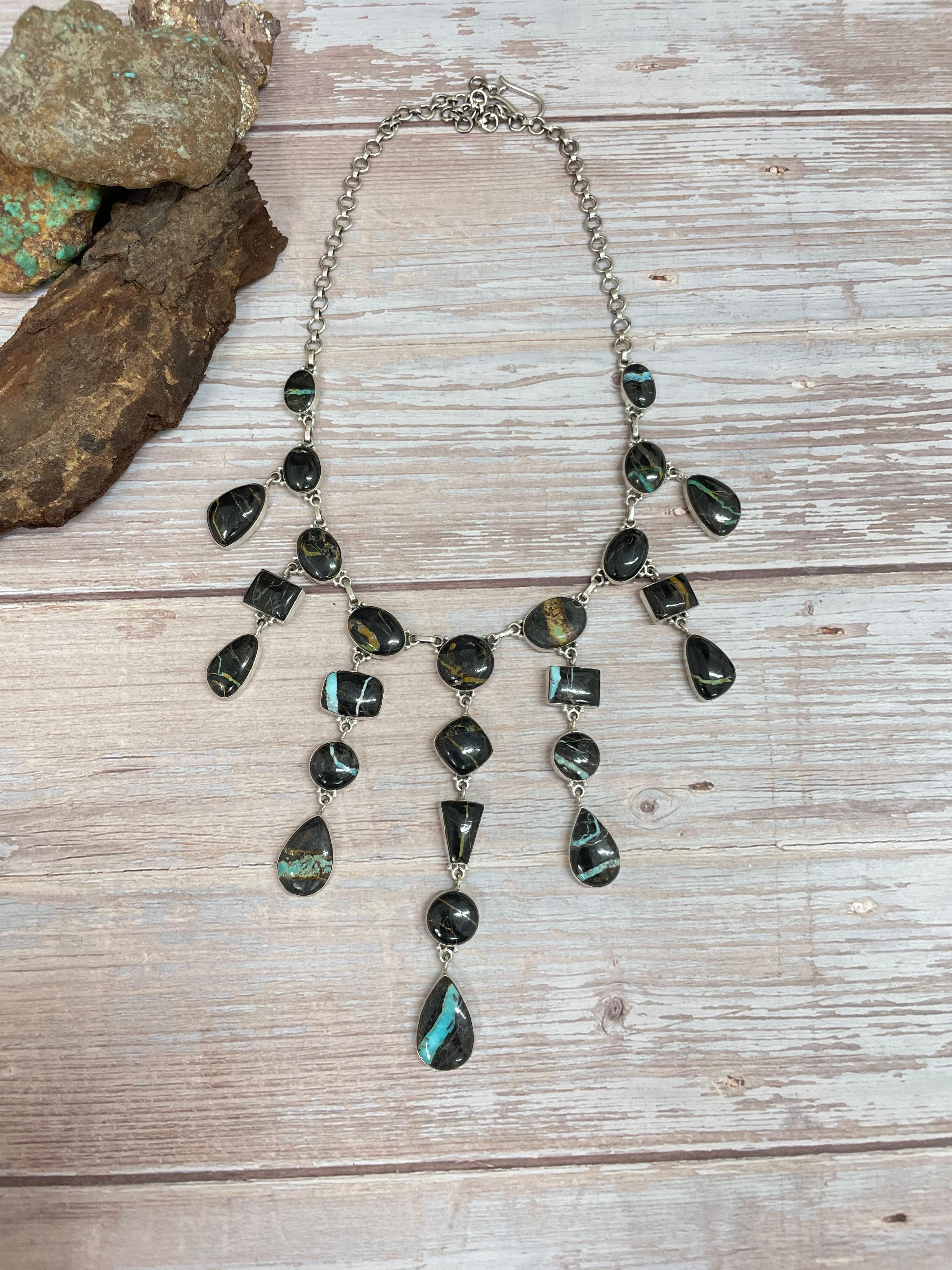 Handmade Sterling Silver Blackjack Turquoise Necklace Signed Nizhoni